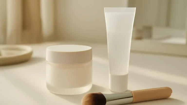 Unbranded moisturizer, makeup primer and foundation brush arranged on an Indian beauty vanity