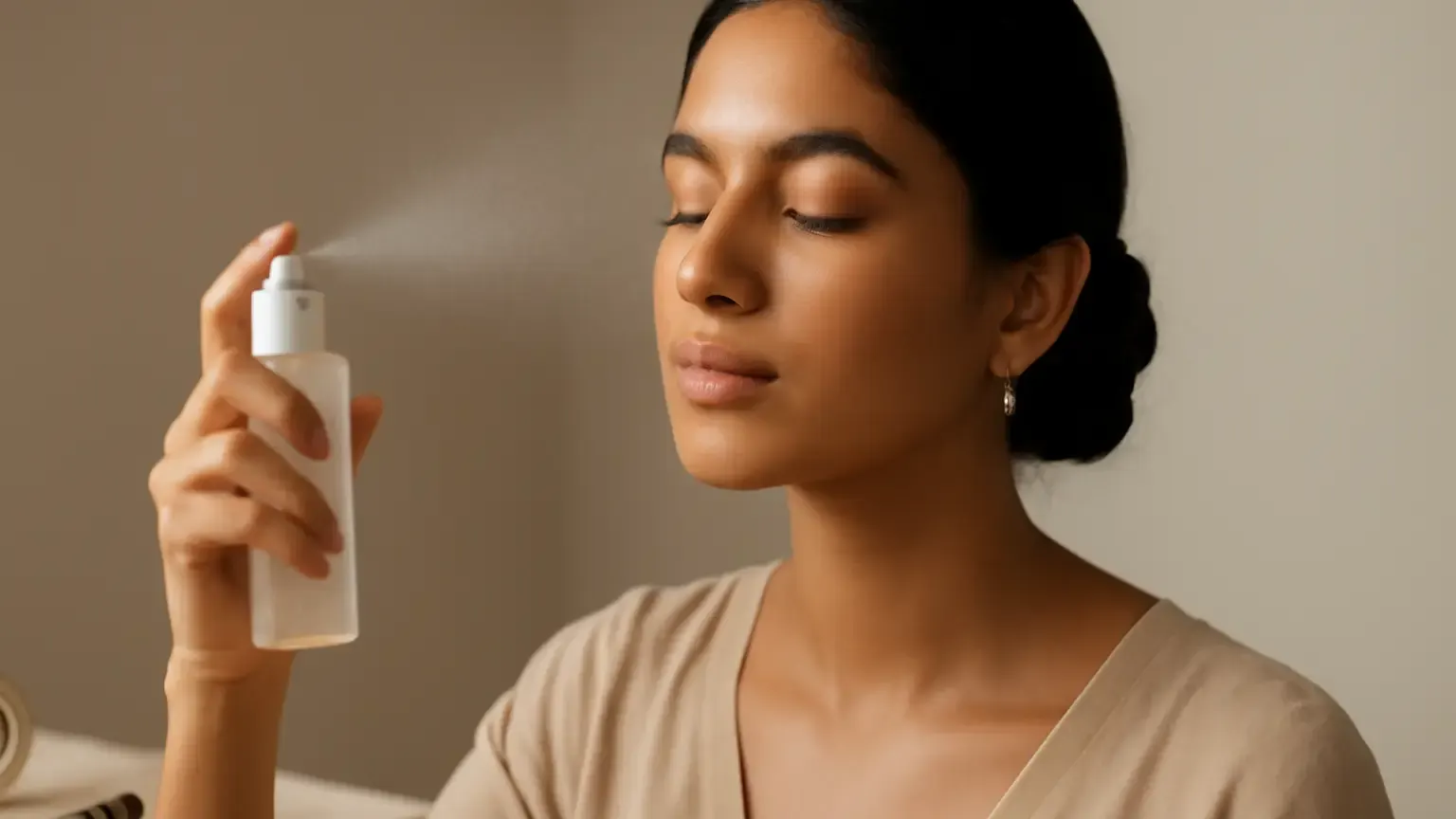 Indian woman misting setting spray over finished makeup at a vanity