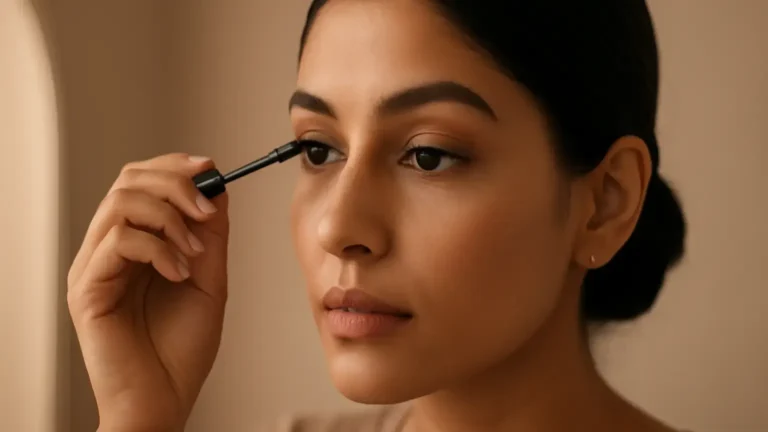 Indian woman carefully applying mascara to lifted upper lashes at a vanity mirror