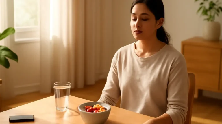 Indian woman beginning a calm morning with water, gentle movement and a nourishing breakfast