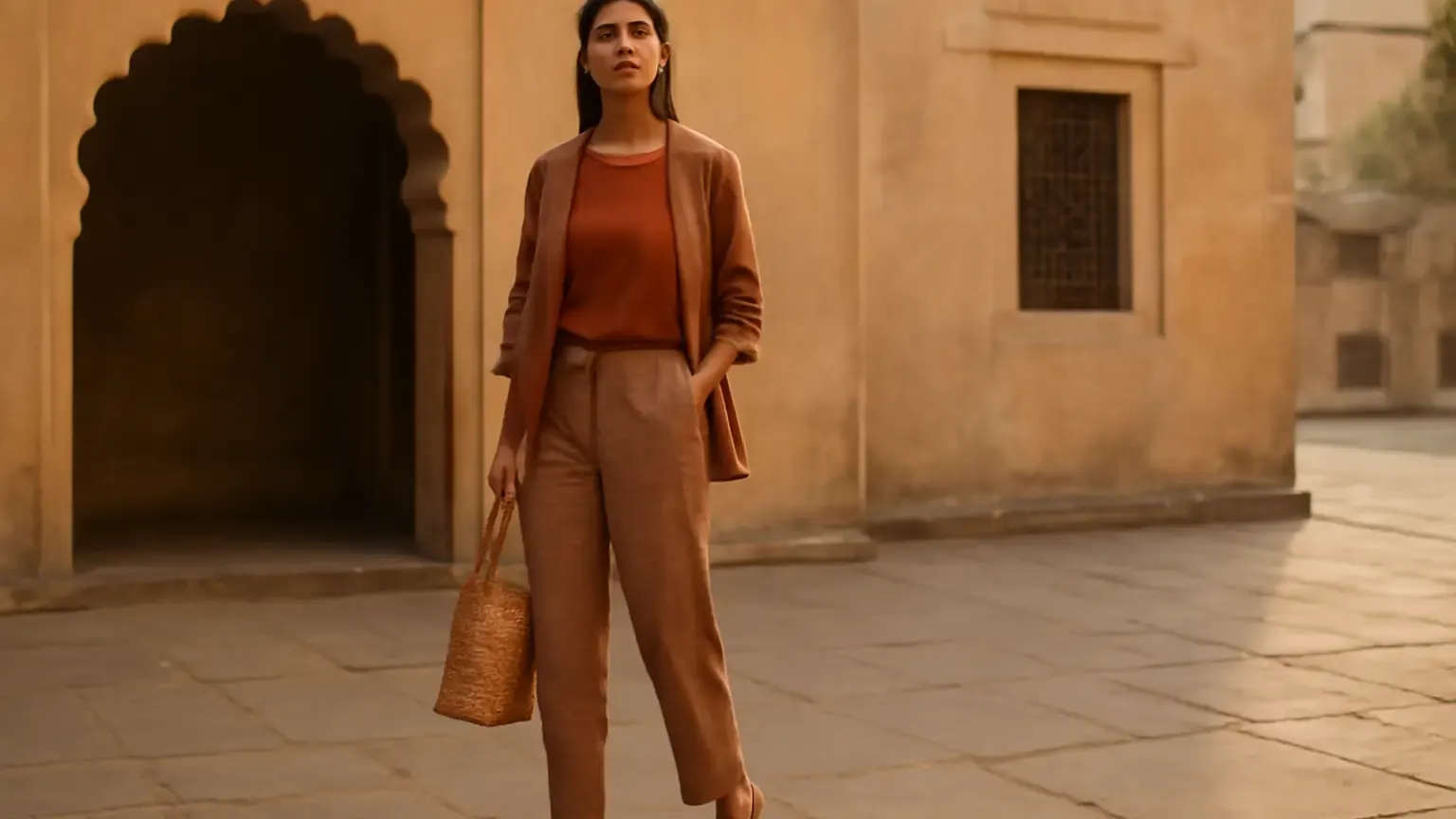 Indian woman in a breathable autumn-toned outfit with linen trousers and a lightweight shirt