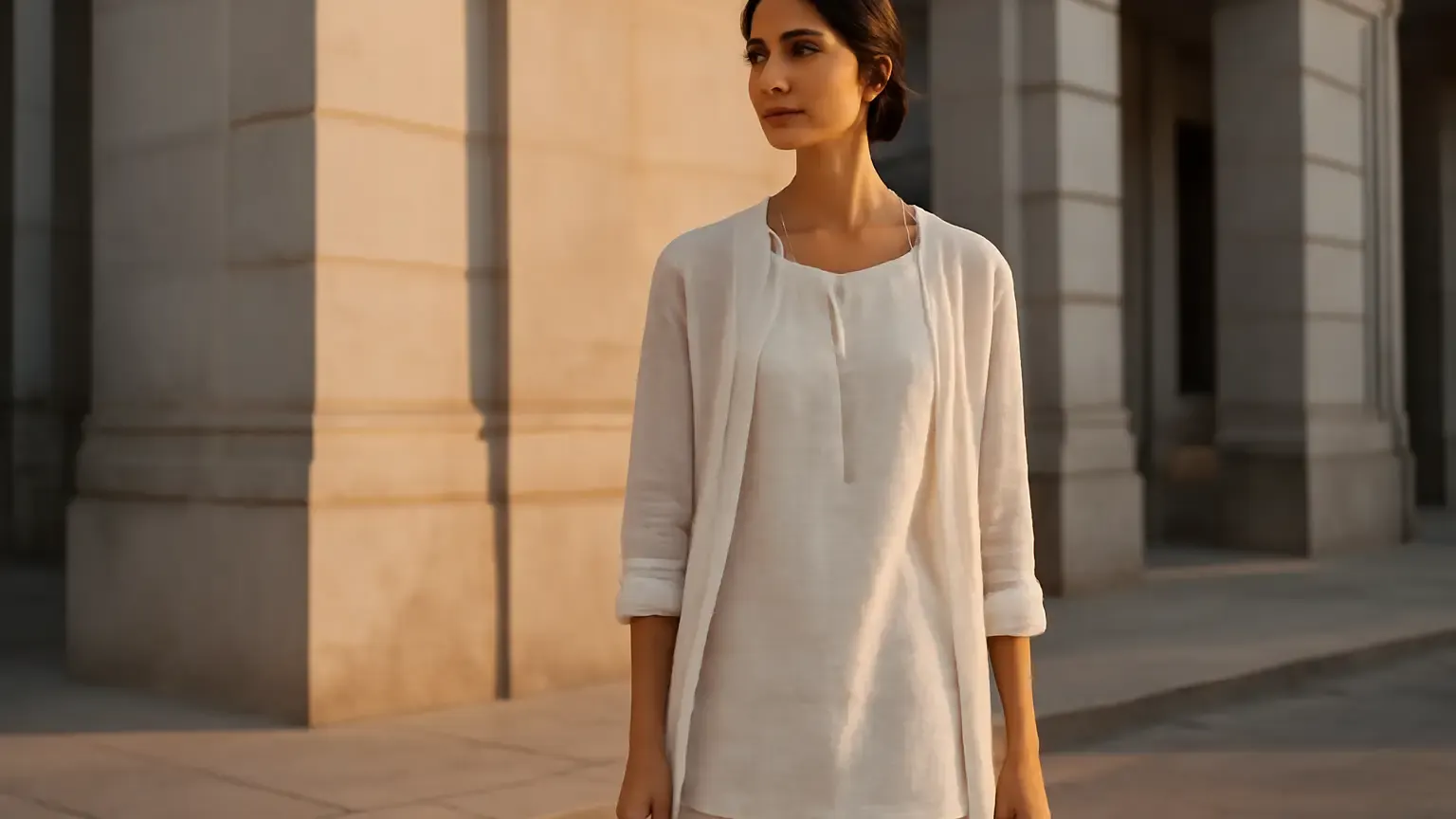 Indian woman in a cotton kurta and open linen shirt for October layering
