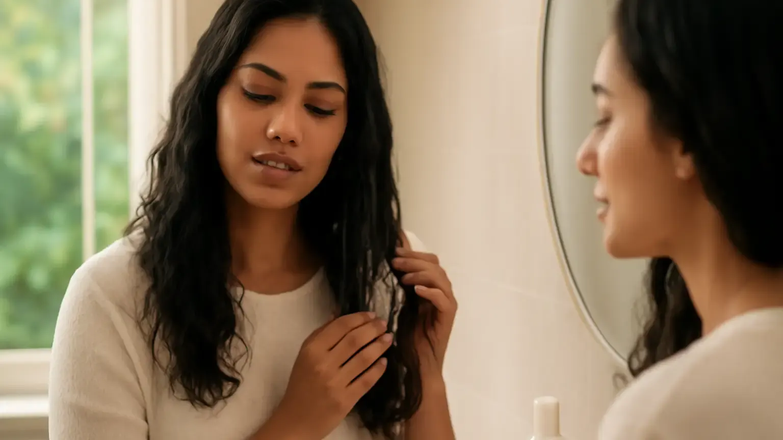 Indian woman applying lightweight conditioner to the lengths of her hair in an October home setting.