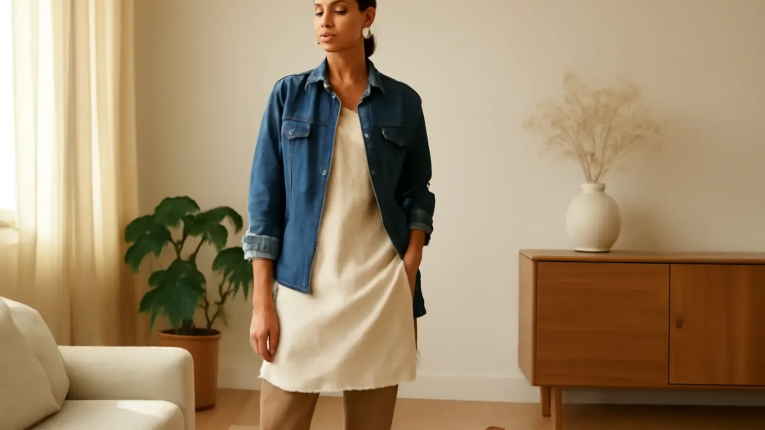 Indian woman wearing a breathable October day-to-night outfit with a cotton kurta and lightweight layer