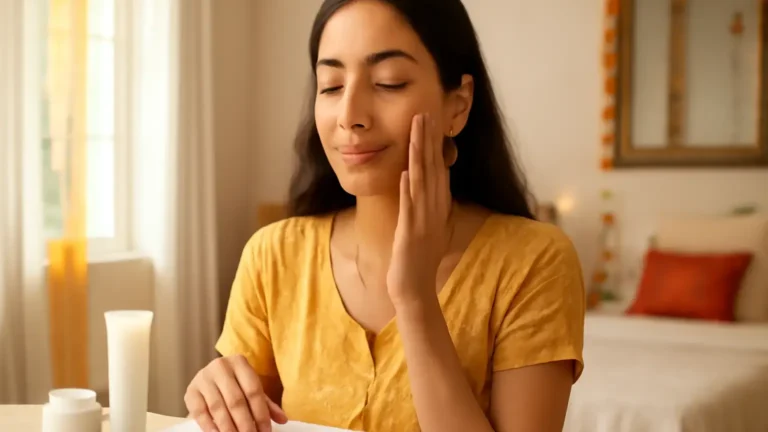 Indian woman applying lightweight skincare before festive makeup in October