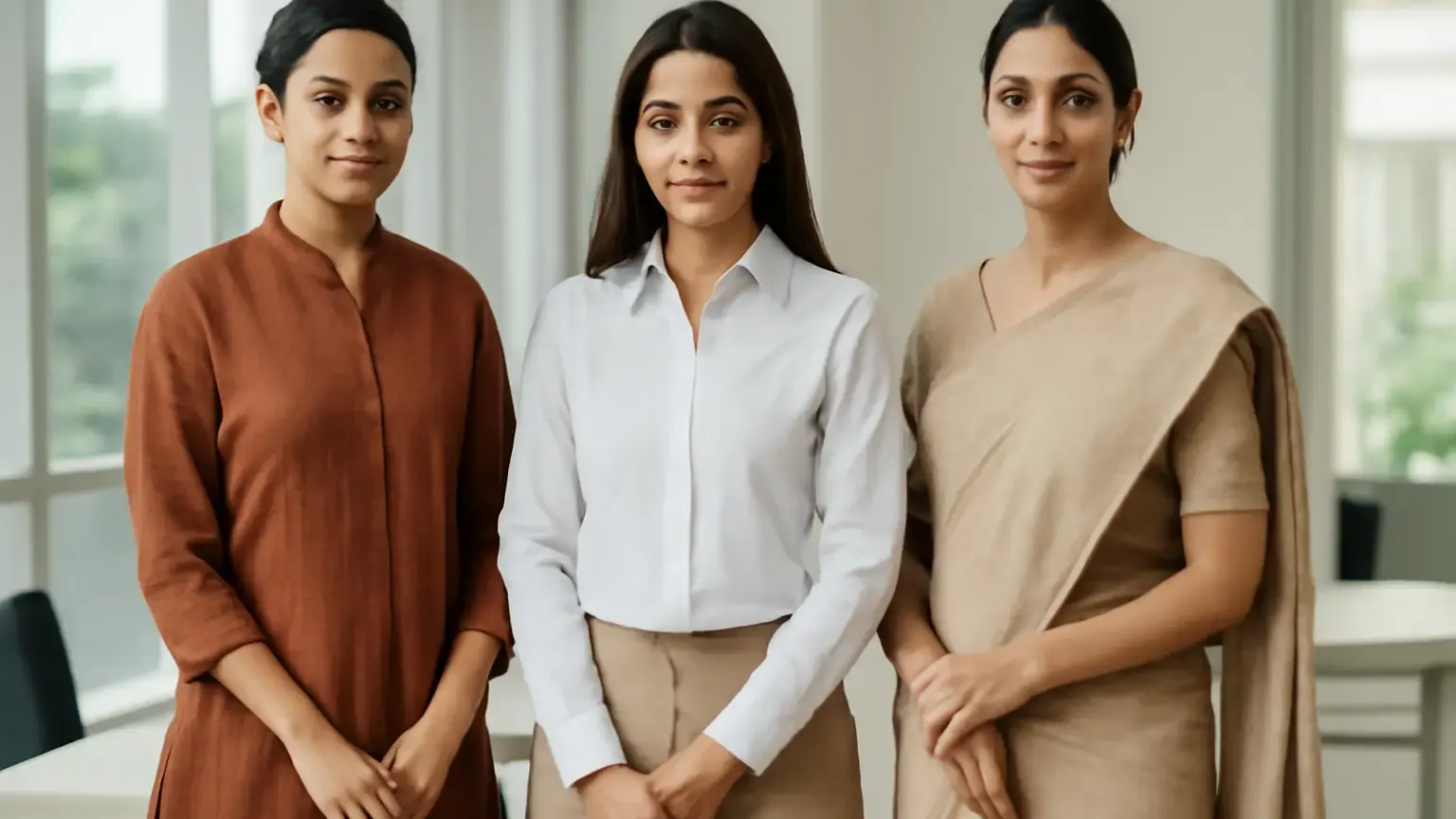 Three Indian professionals in polished office outfits including a kurta set, tailored trousers and a saree