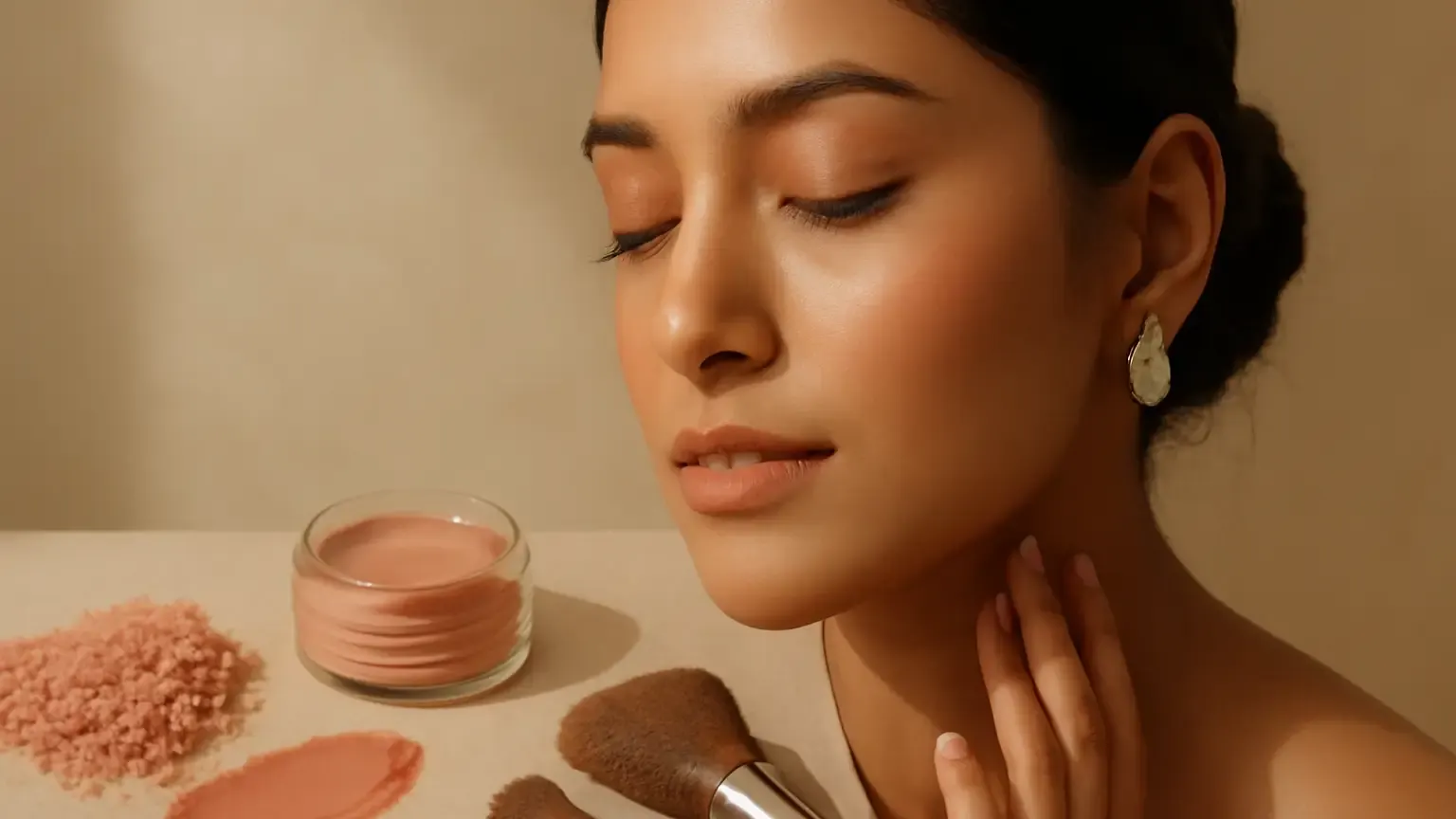 Powder, cream and stain blush textures arranged with makeup brushes on an Indian beauty vanity.