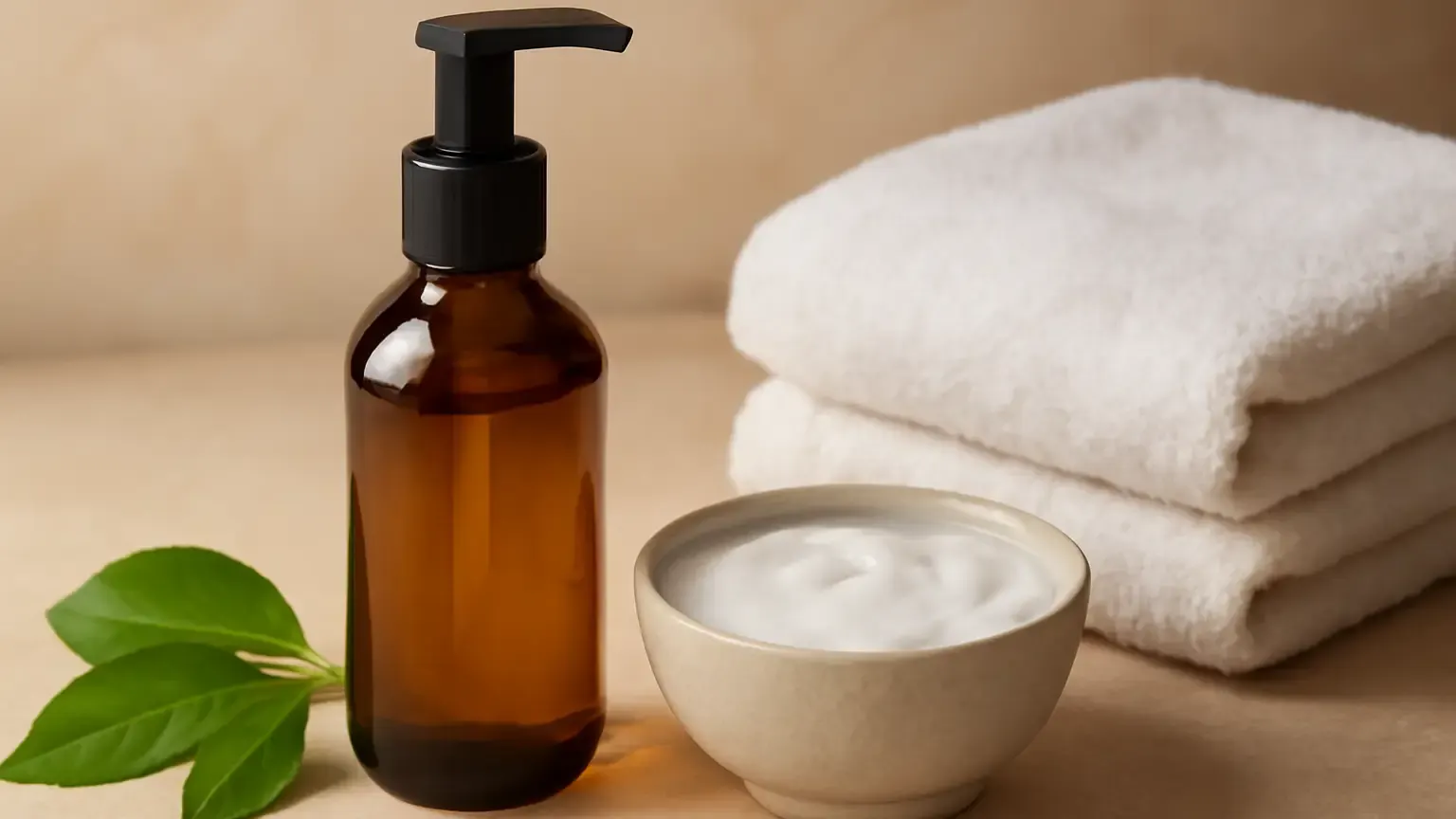 Unbranded cleansing oil beside milky emulsified cleanser and a white towel