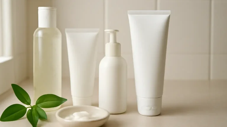 Unbranded skincare products arranged for a gentle oily skin exfoliation routine