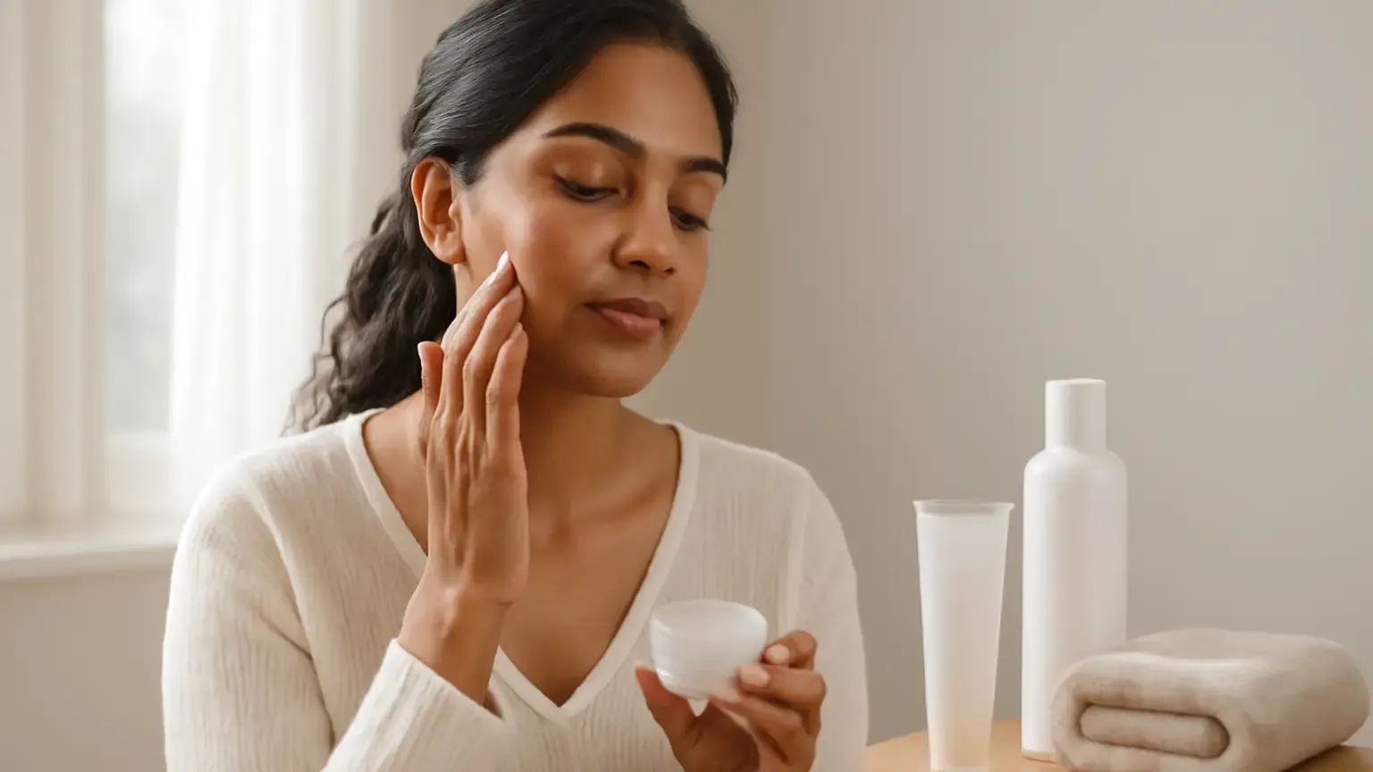 Indian woman applying lightweight moisturiser during a winter skincare routine