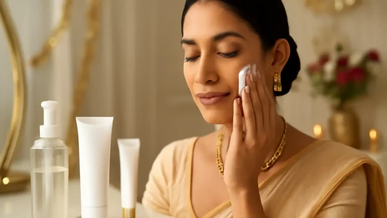 Indian woman preparing an oily-skin-friendly festive makeup base with skincare at a vanity