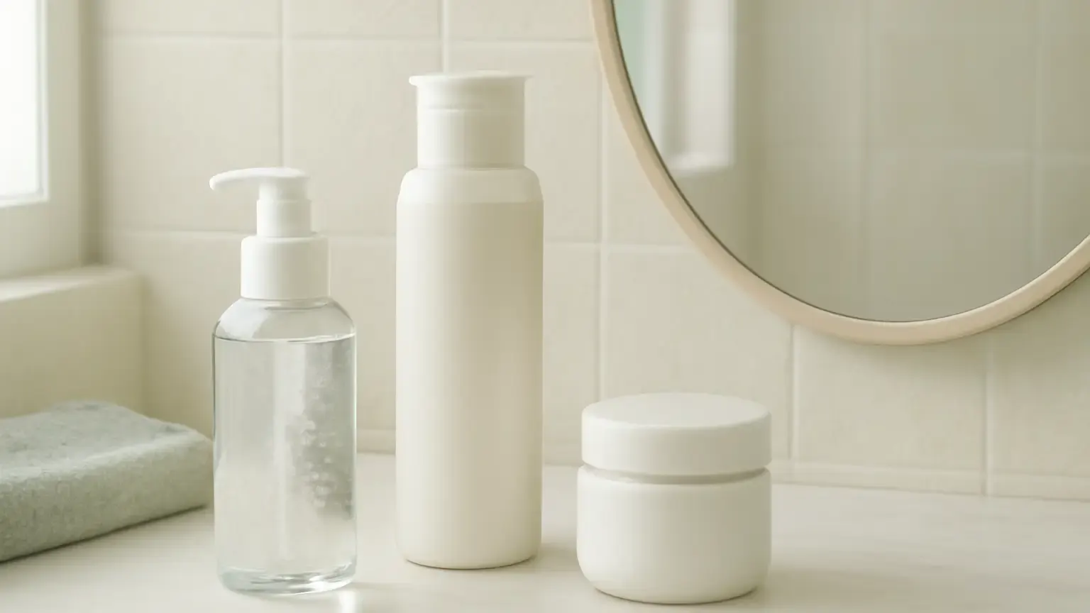 Unbranded gel, lotion and fluid moisturiser textures arranged for an oily skin skincare guide.