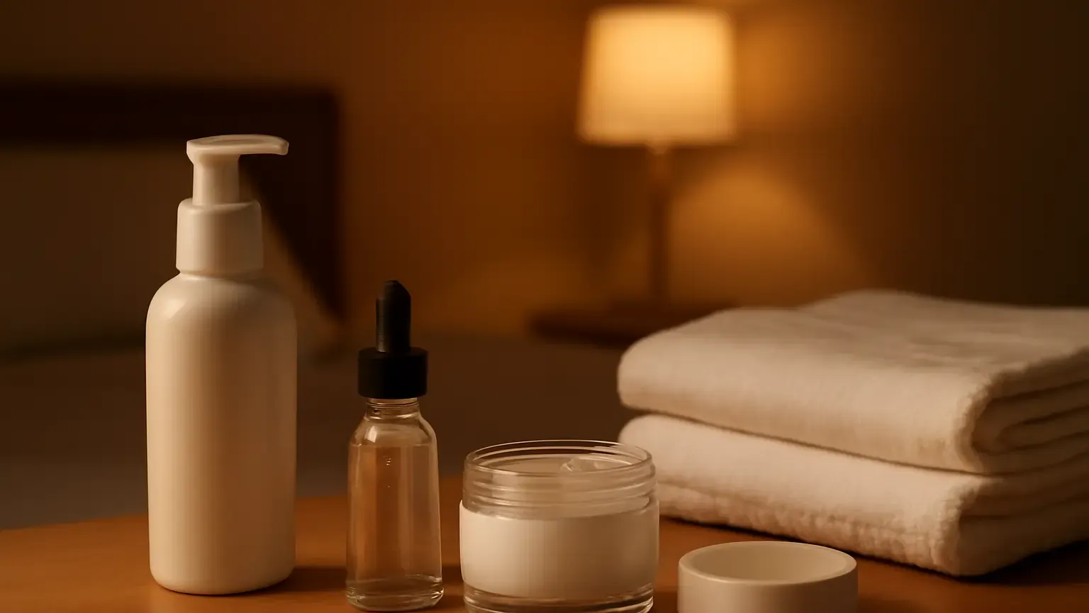 Minimal nighttime skincare setup with cleanser, serum, gel moisturiser and a fresh pillowcase