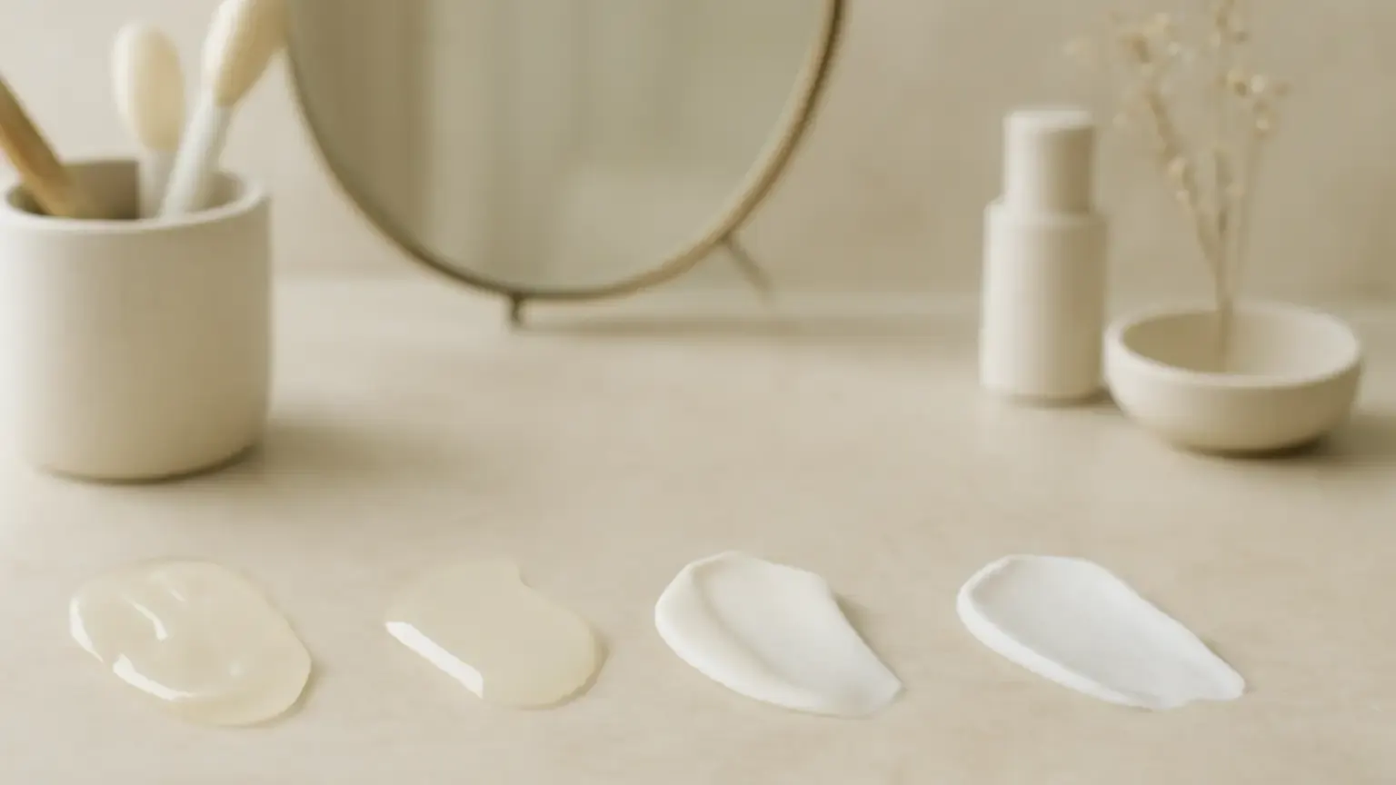 Unbranded gel, fluid, lotion and matte sunscreen textures arranged for comparison