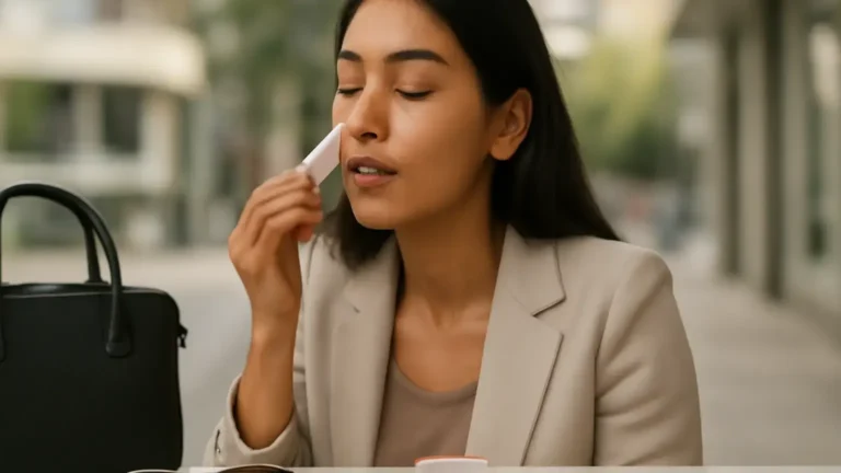 Indian professional preparing an oily skin sunscreen touch-up with a sunscreen stick and blotting papers