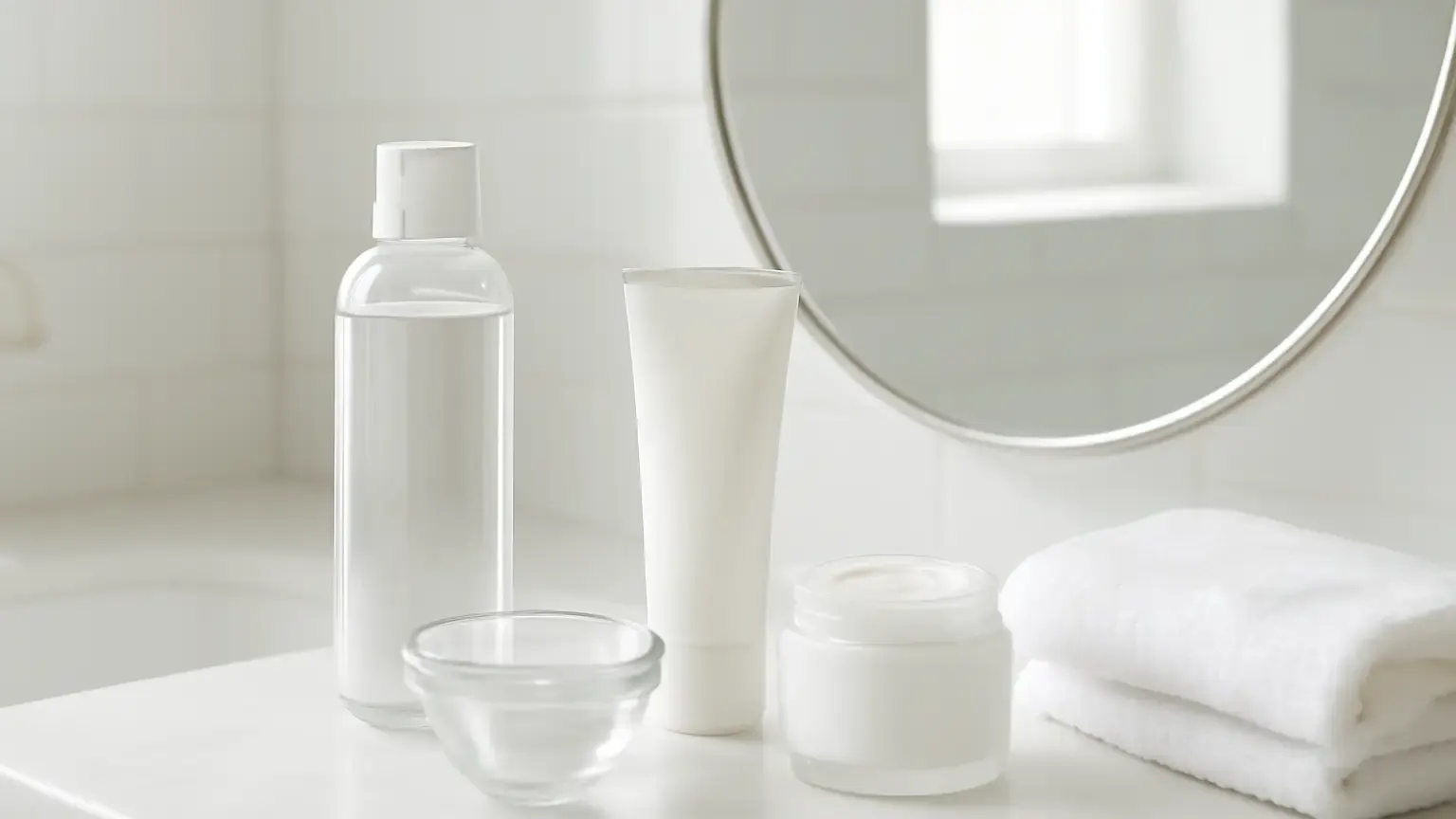 Unbranded toner and lightweight skincare products arranged in a bright Indian bathroom