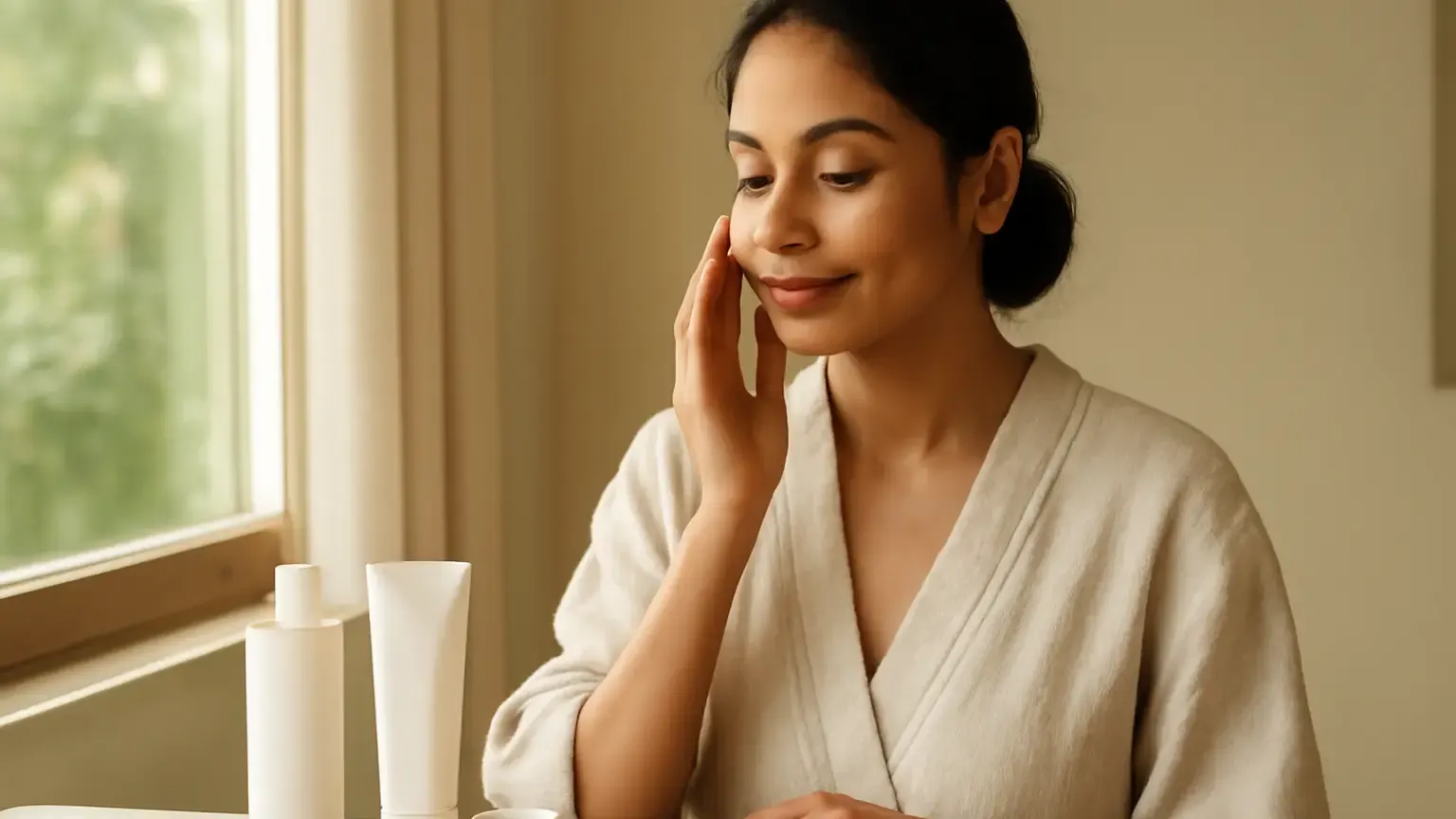 Indian woman following a simple October skincare routine with cleanser, moisturiser and sunscreen