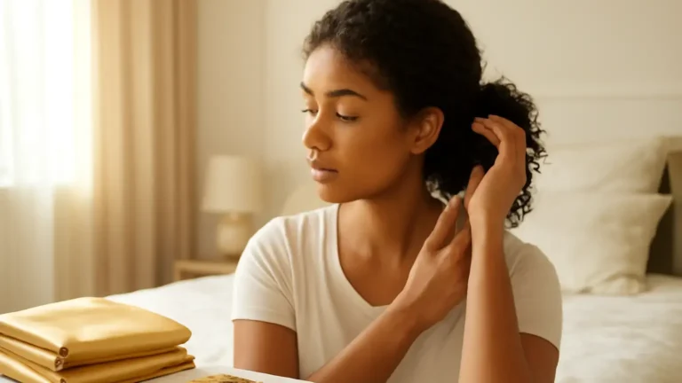 Indian woman gently wearing a loose low bun with satin hair-care accessories nearby