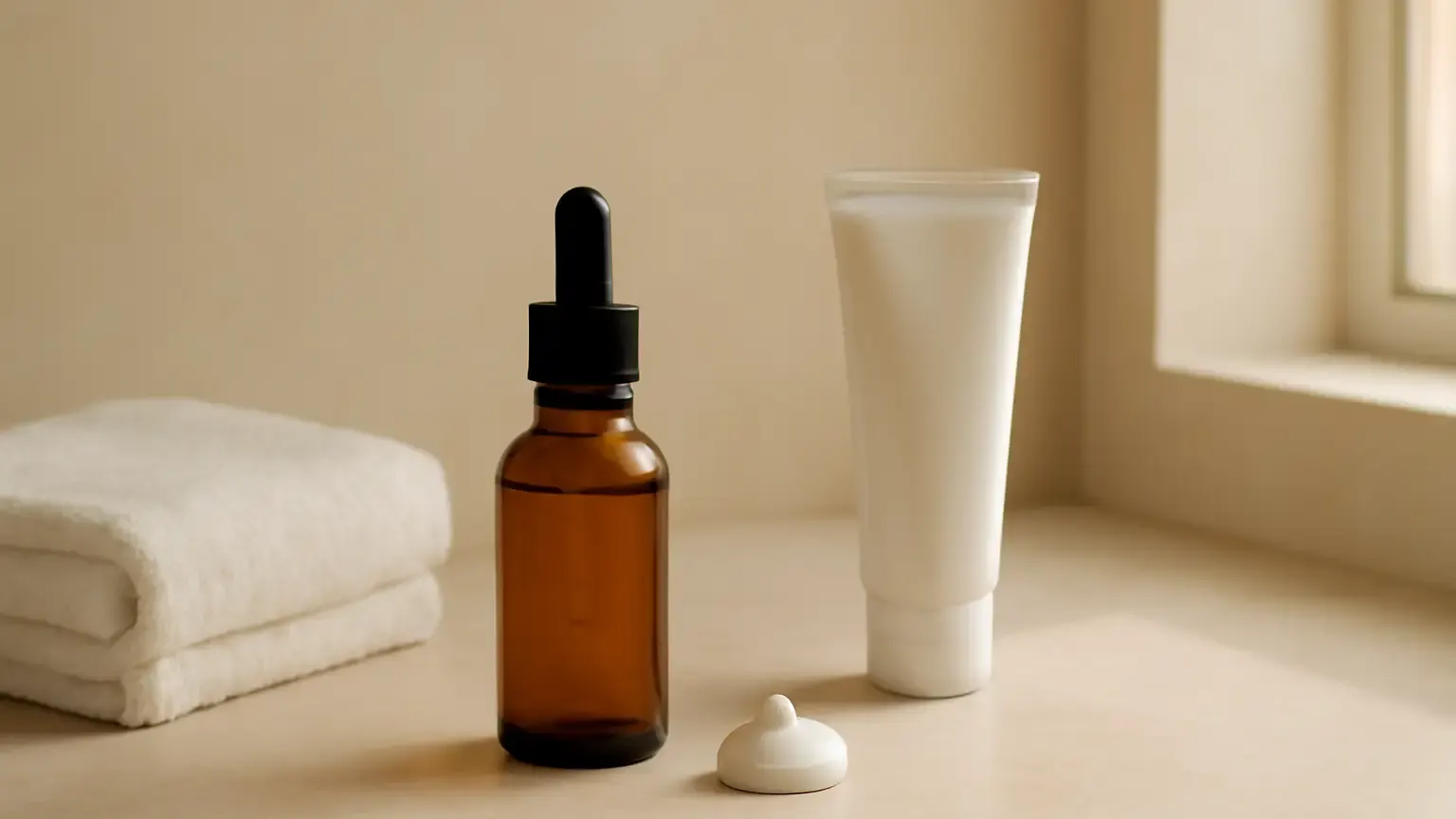 Unbranded retinol-style skincare bottle with moisturiser and sunscreen on an Indian bathroom counter