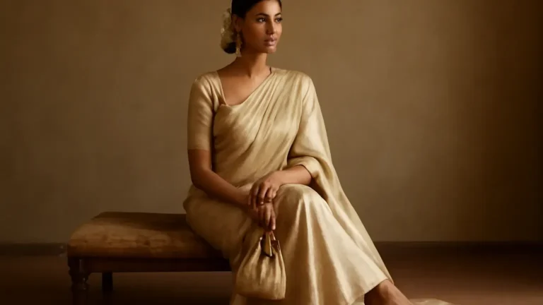 Indian woman in a balanced saree look with coordinated jewellery, potli bag and hair flowers
