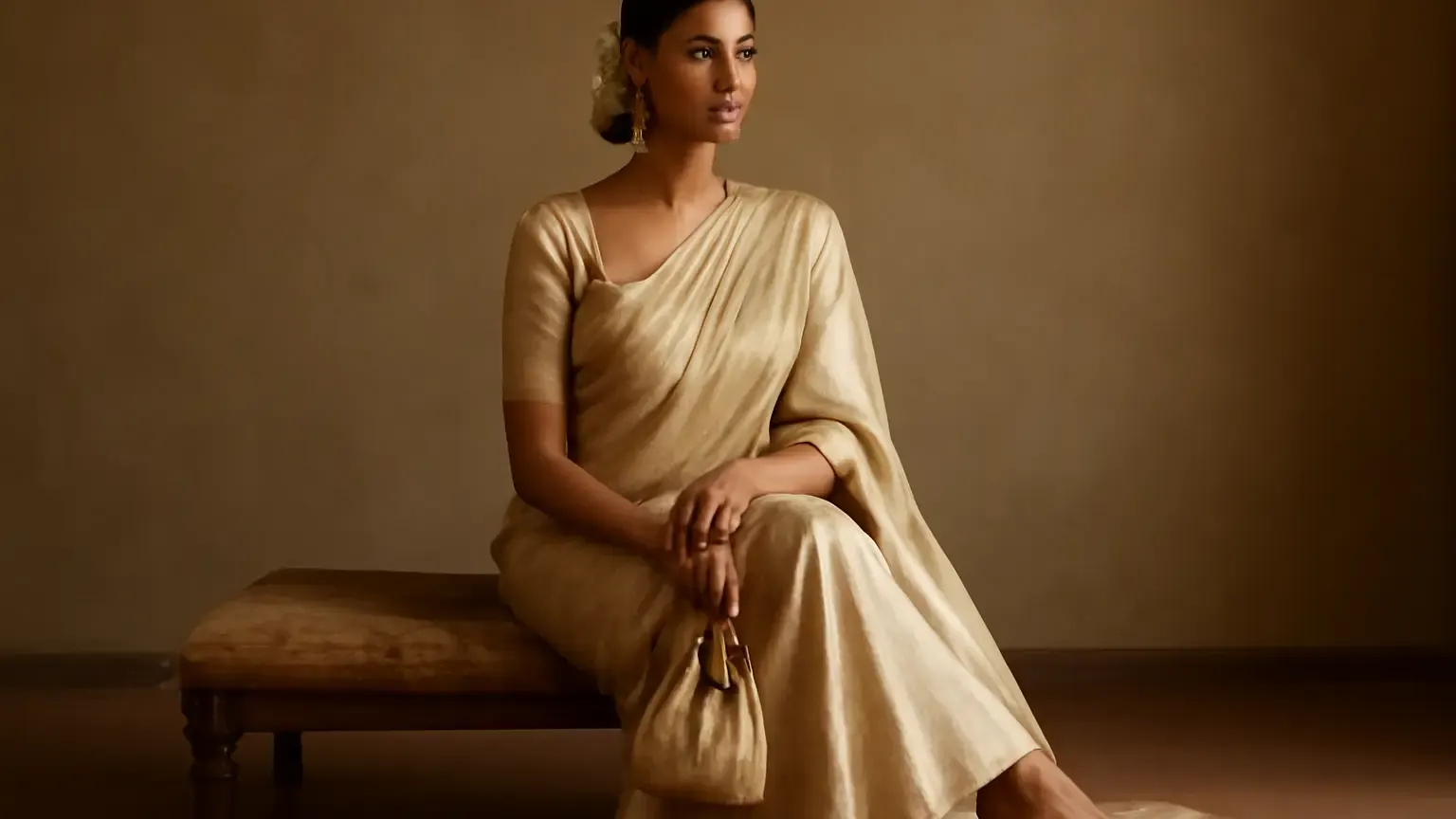 Indian woman in a balanced saree look with coordinated jewellery, potli bag and hair flowers