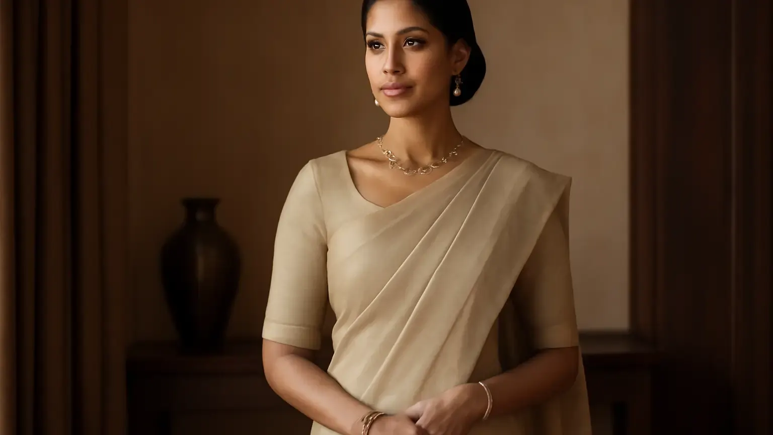 Indian woman in a polished saree with a boat-neck blouse and elbow-length sleeves