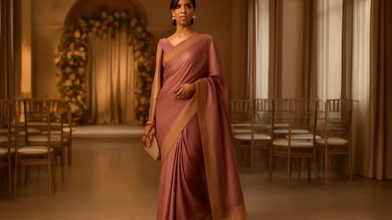 Indian wedding guest in an elegant saree with coordinated jewellery, clutch and footwear