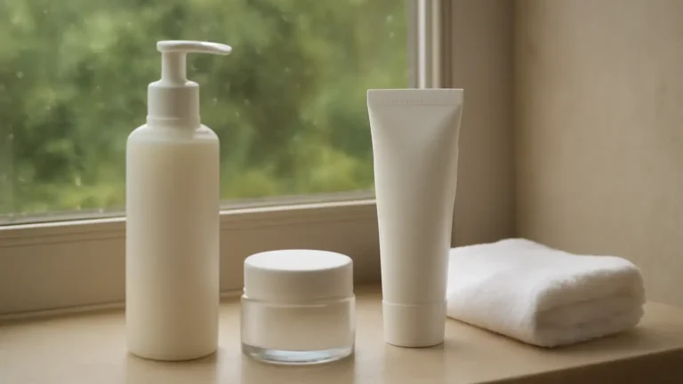 Unbranded cleanser, gel moisturiser and sunscreen arranged beside a window during humid monsoon weather