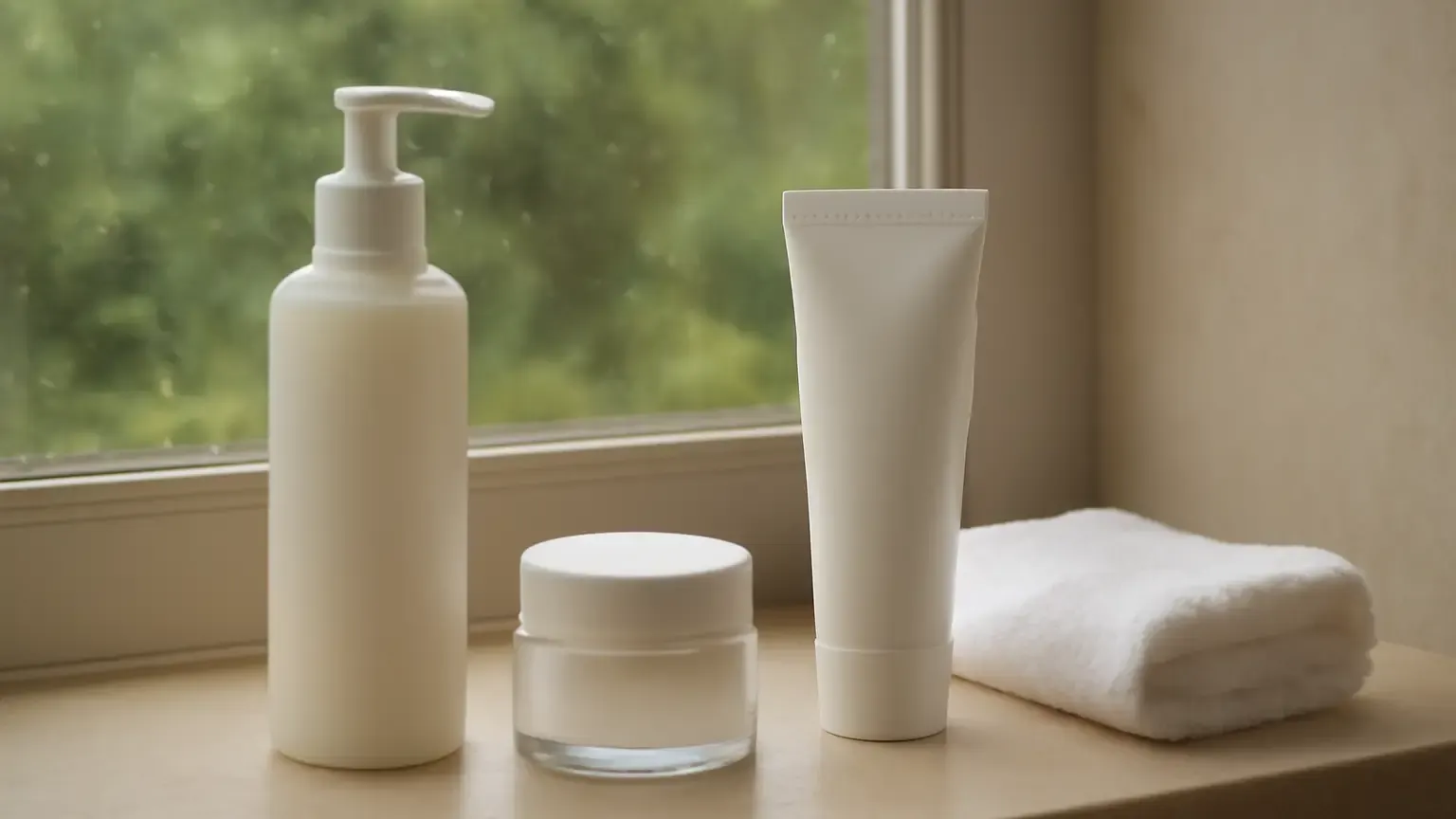 Unbranded cleanser, gel moisturiser and sunscreen arranged beside a window during humid monsoon weather