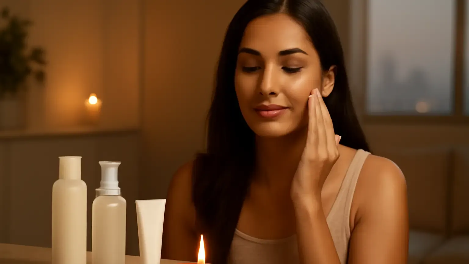 Indian woman following a gentle Diwali skincare routine beside moisturiser and cleanser