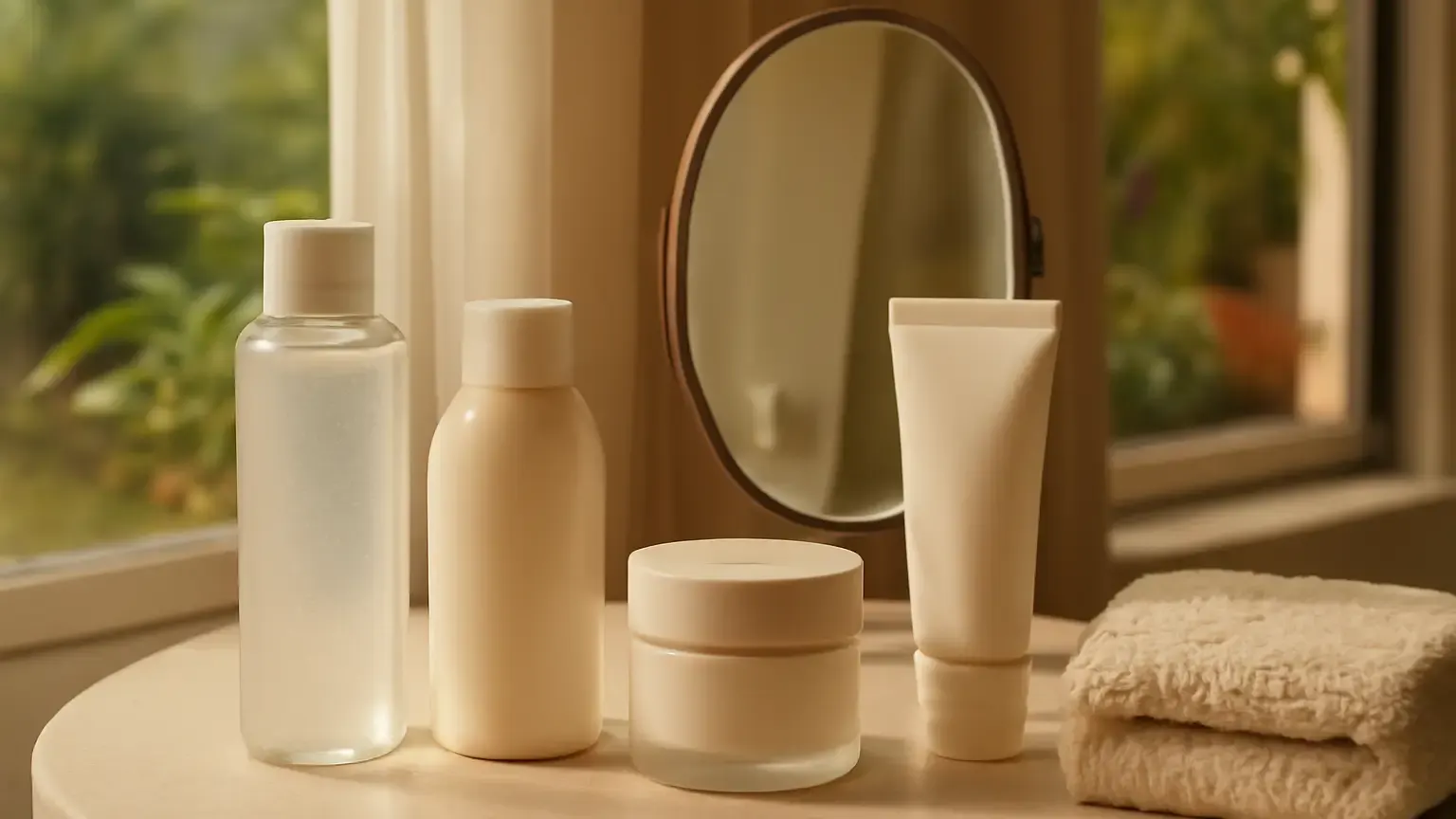 Unbranded skincare products arranged in an Indian home for an October routine