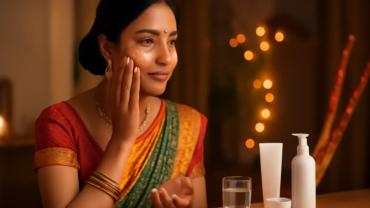 Indian woman applying lightweight moisturiser before an evening Garba event