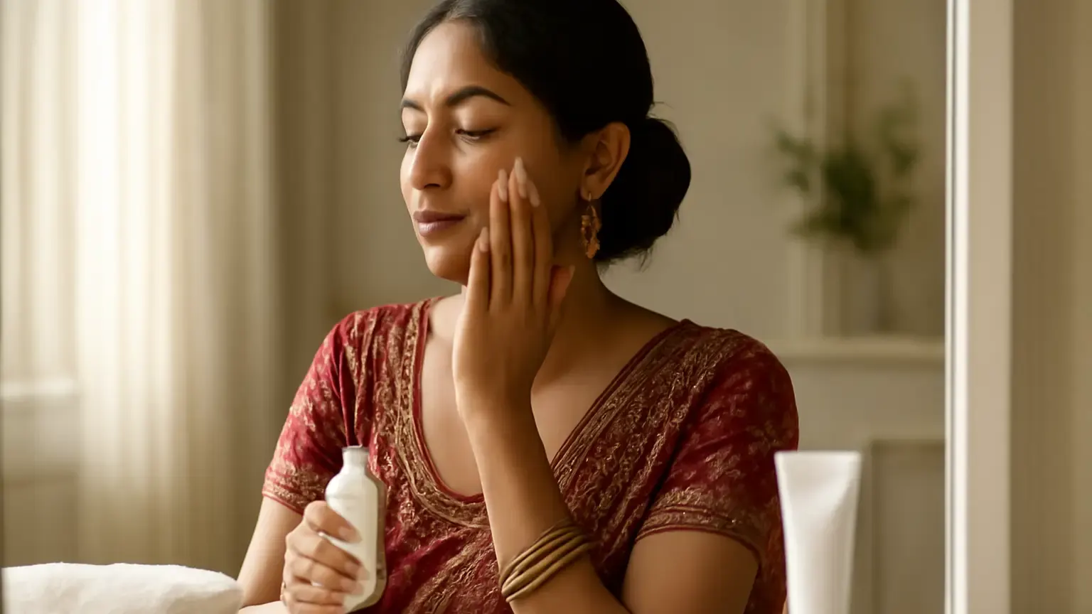 Indian wedding skincare routine with lightweight products beside a festive vanity