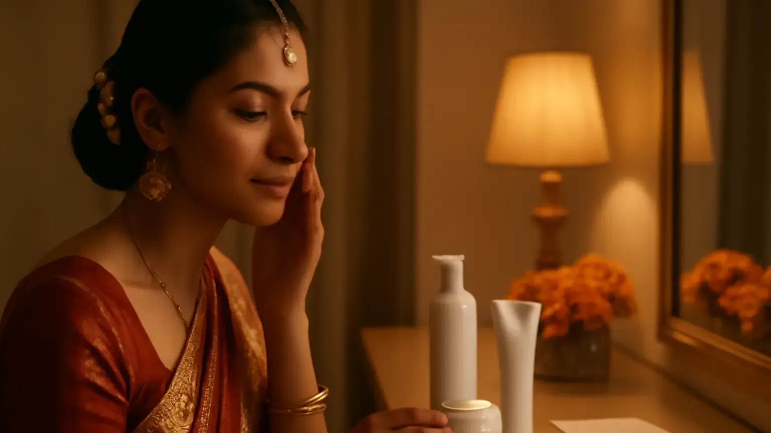 Indian wedding guest following a gentle October skincare routine beside a dressing table