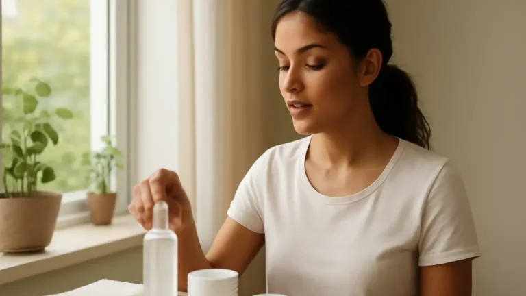 Indian woman arranging a gentle cleanser, moisturiser and sunscreen for a seasonal skincare routine
