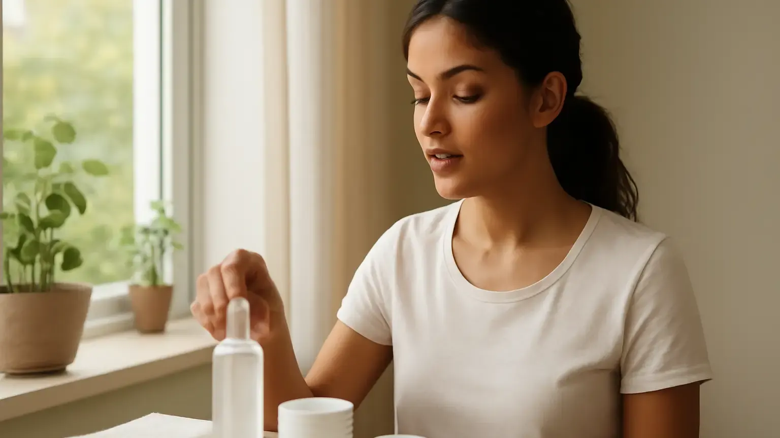 Indian woman arranging a gentle cleanser, moisturiser and sunscreen for a seasonal skincare routine