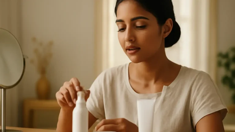 Indian woman arranging simple skincare products for an October skin barrier routine