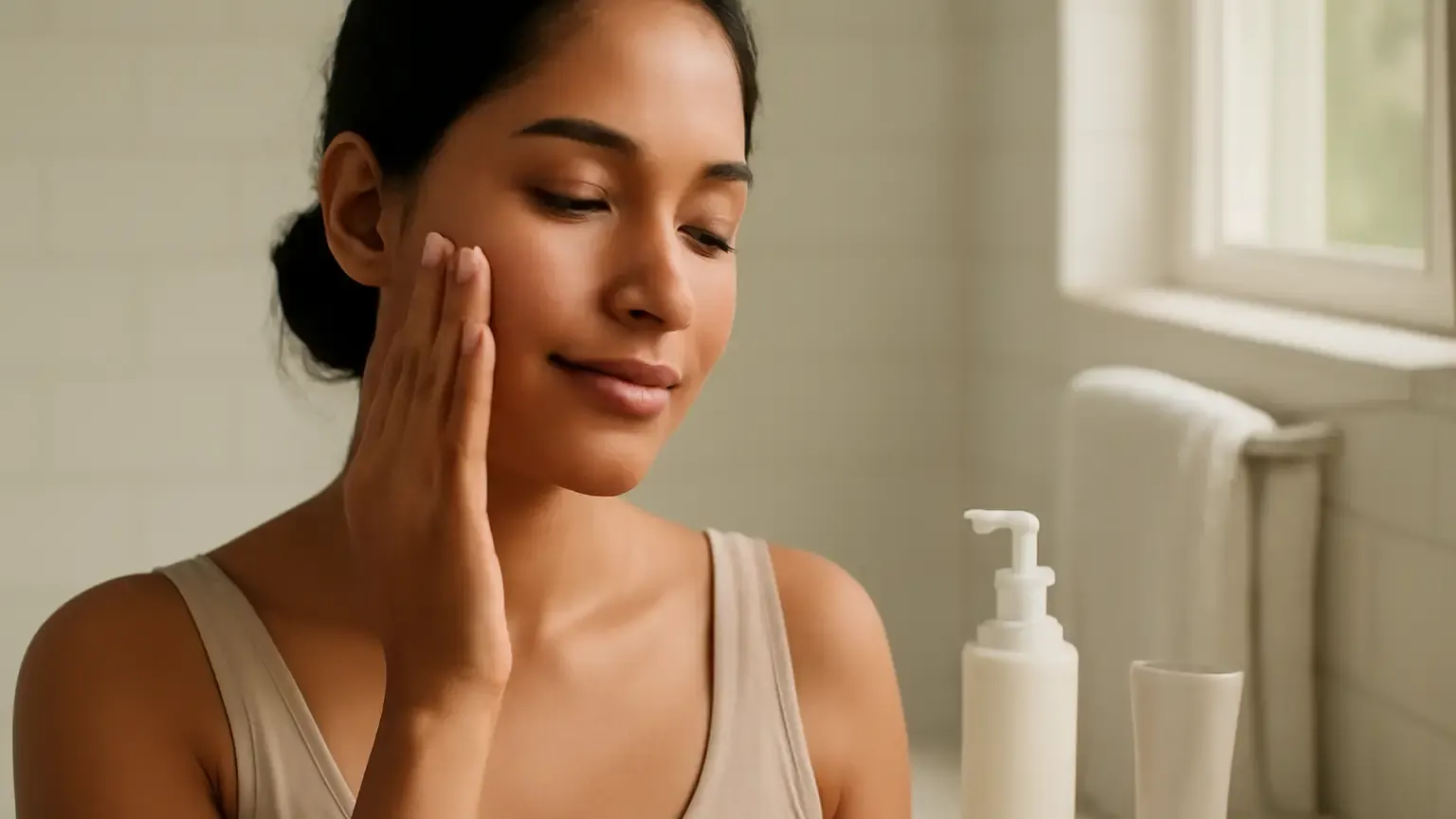 Indian woman following a gentle post-facial skincare routine with moisturiser and sunscreen