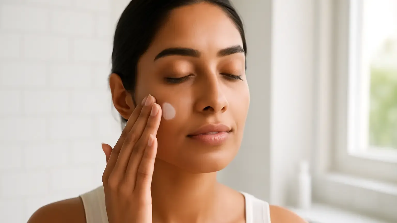 Indian woman gently moisturising freshly threaded facial skin