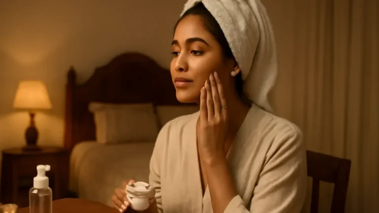 Woman in an Indian bedroom applying moisturiser after removing festive makeup