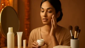 Woman preparing moisturised skin for festive makeup beside gentle skincare and clean brushes