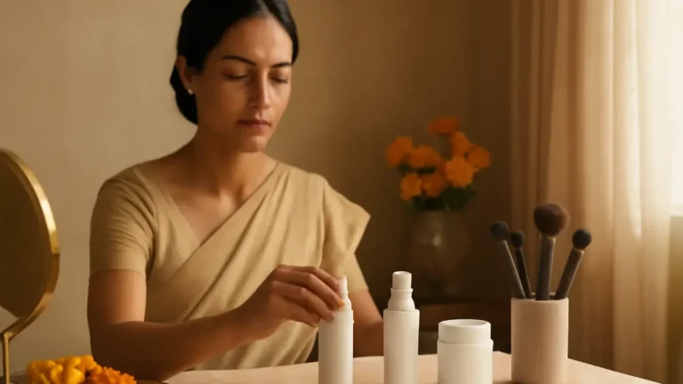 Indian woman preparing a simple skincare and makeup routine before festive celebrations