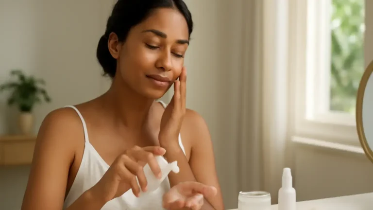 Indian woman following a simple skincare routine for combination skin at a bright vanity