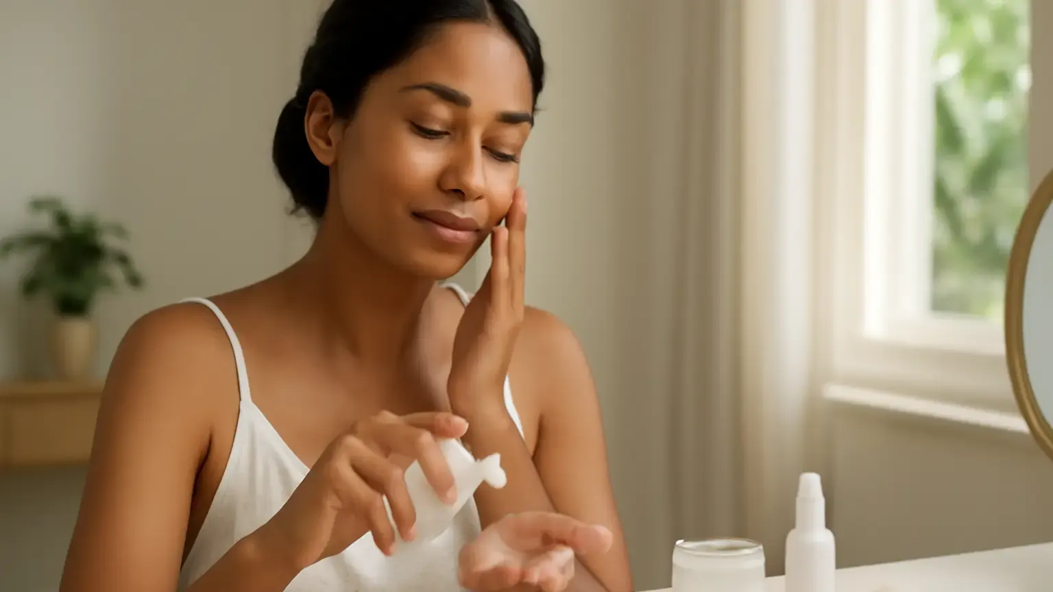 Indian woman following a simple skincare routine for combination skin at a bright vanity