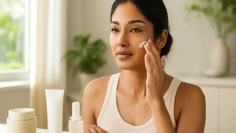 Indian woman applying sunscreen in a simple daily skincare setting
