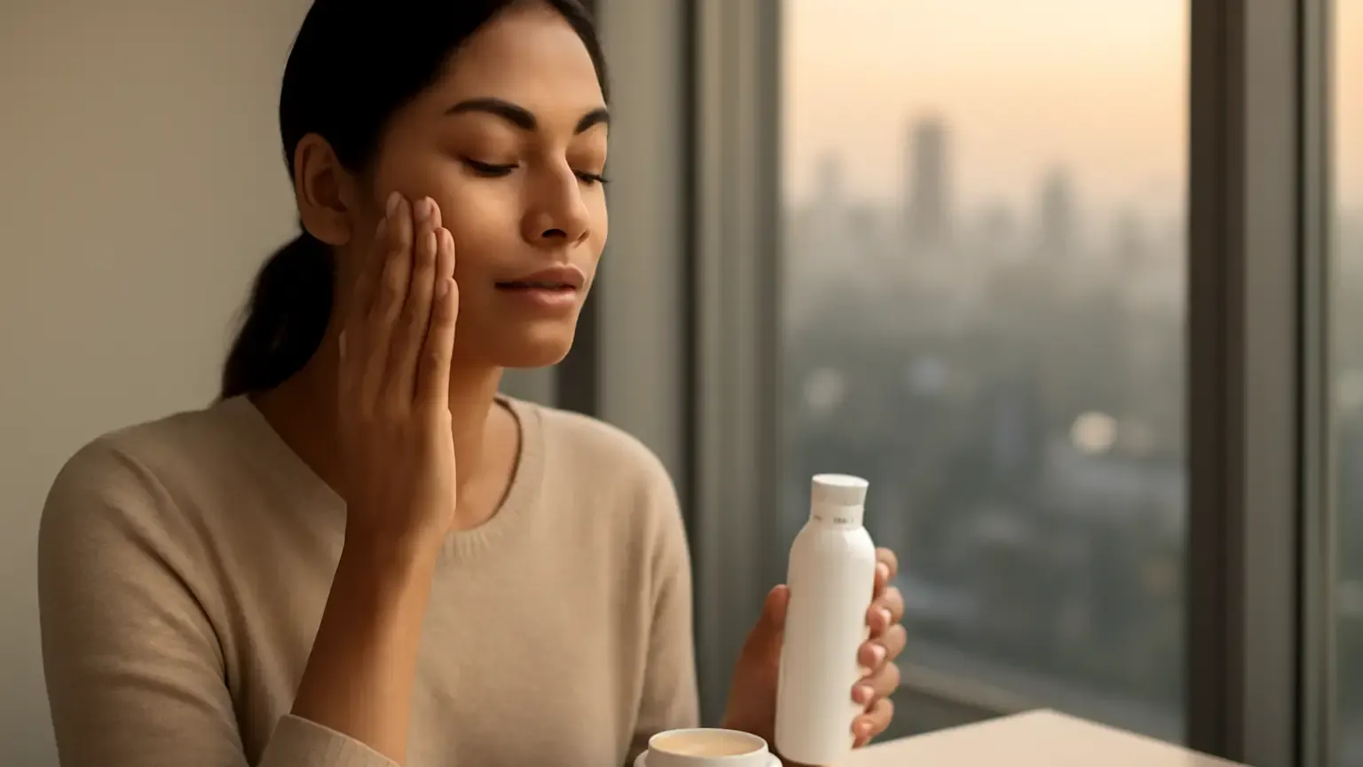 Indian woman following a gentle evening skincare routine after a city commute