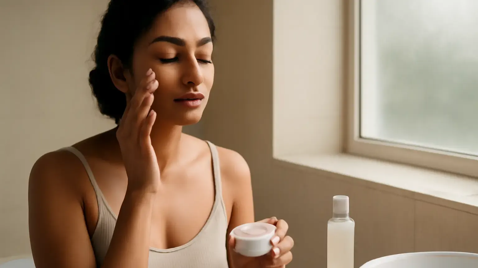 Woman applying moisturiser in a simple sensitive-skin care routine