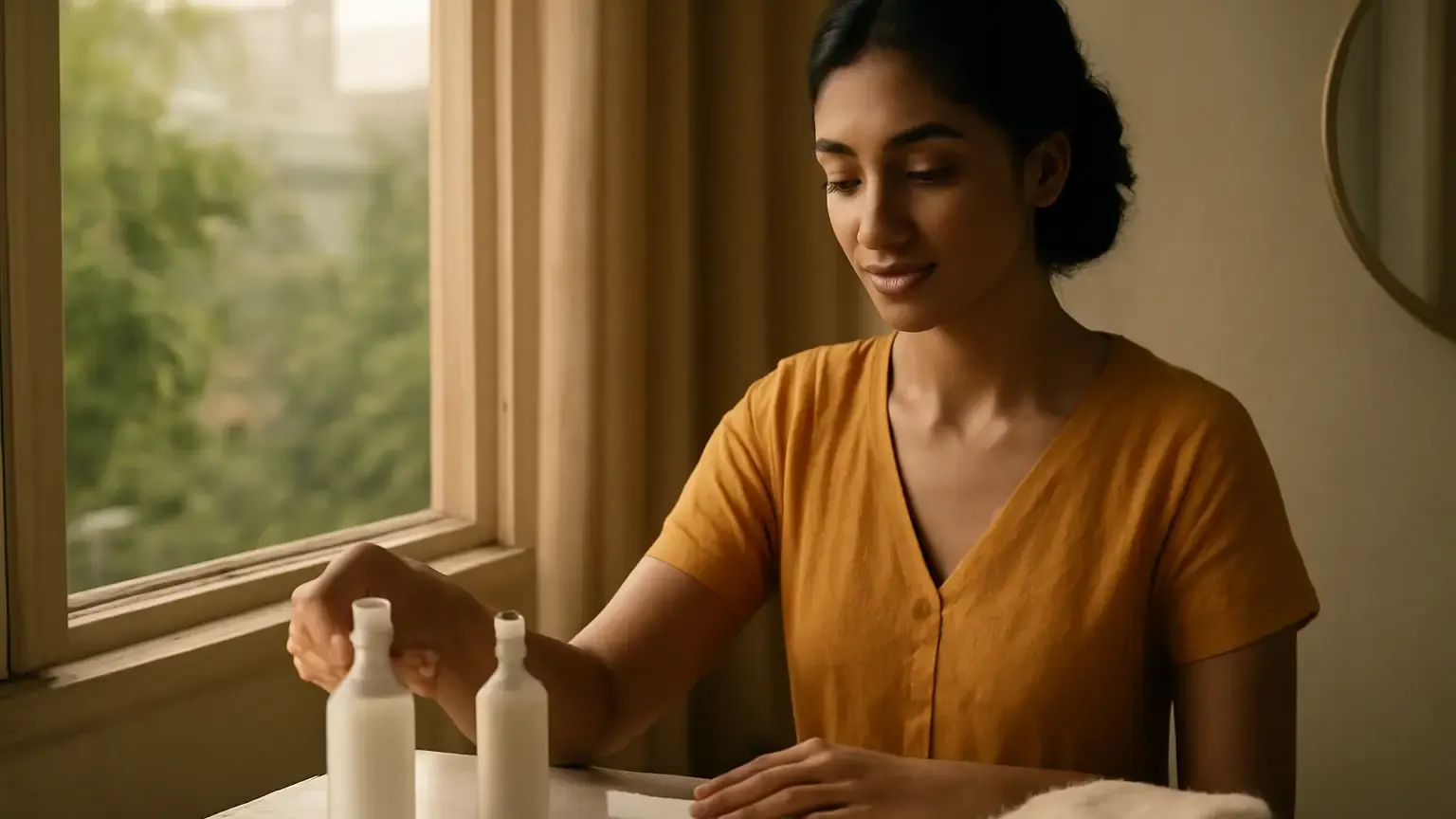 Indian woman arranging a cleanser, moisturiser and sunscreen for changing October weather.