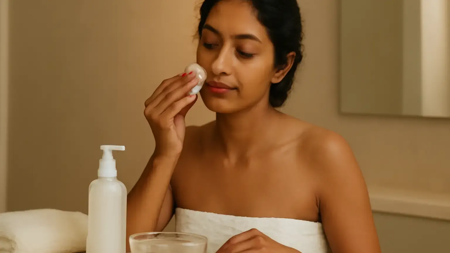 Indian woman following an evening makeup-removal and moisturising routine at a bathroom vanity