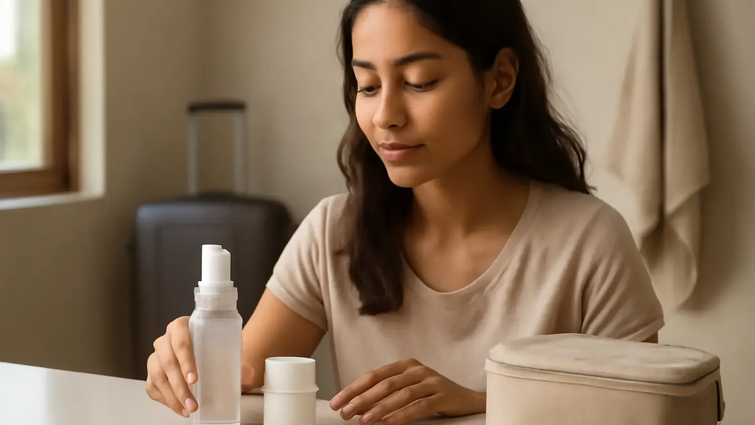 Indian woman arranging a gentle cleanser, moisturiser and sunscreen after returning from travel